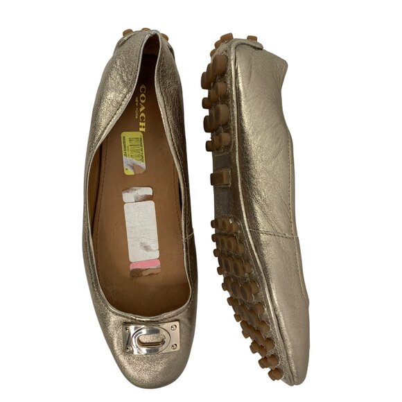 Metallic Gold Leather 9.5 Coach Driving Loafers Rubber Sole 9.5 Ballet Flats - Picture 2 of 12